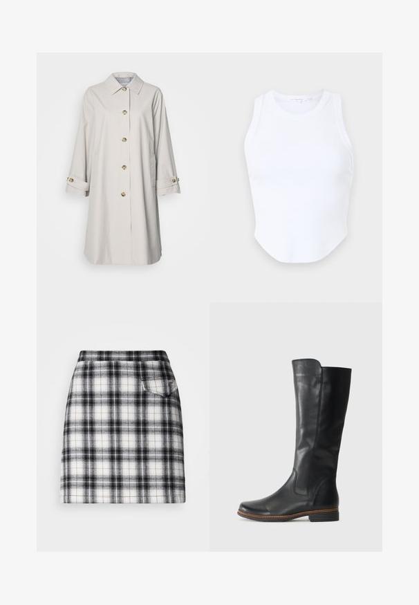 Manteau beige clair à manches longues, avec un col et des boutons dorés. Il possède des poches latérales et des poignets retroussés. Texture de tissu lisse.; Good American MICRO TANK - Débardeur - white; La jupe à carreaux présente un motif noir et blanc avec une coupe slim, une coupe droite et une petite poche arrière pour les détails. Fabriquée en tissu tissé.; Bottes noires en cuir montantes, avec une finition lisse, un bout arrondi et un petit talon empilé. Présente une couture latérale discrète et des surpiqûres contrastantes.