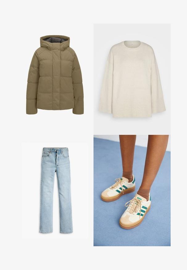 Beige polstret vinterjakke med hætte, lange ærmer og forreste lynlås skjult af en klap.; Lys beige sweater lavet af blød strikket stof, med rund halsudskæring, sænkede skuldre og ribbede detaljer ved kanten og ærmerne.; Lyseblå denimjeans med lige ben-design, fem-lommestil, metalknapper og en let slidt tekstur på stoffet.; Beige sneakers med mørkegrønne striber, gummisål, overdel i ruskind og tekstil samt neutralt hardware, parret med brune sokker på en lyseblå overflade.