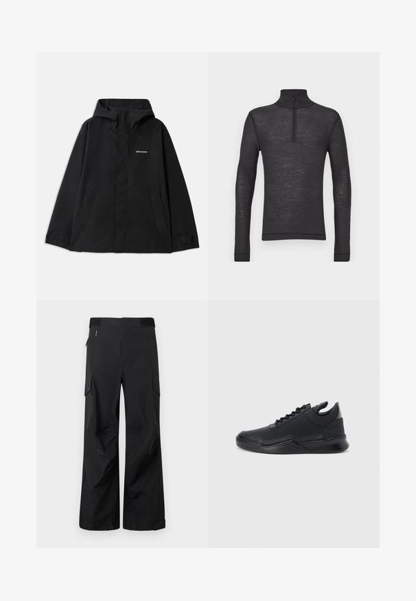 Zwarte waterdichte jas met een capuchon, lange mouwen, rits aan de voorkant en twee zijzakken. Made van een gladde stof met een minimalistisch ontwerp.; Zwarte lange mouwen turtleneck shirt gemaakt van een gestructureerde stof, met een halve rits bij de kraag en aansluitende mouwen.; Zwarte cargo-broeken gemaakt van een gladde, waterafstotende stof. Kenmerken zijn wijde pijpen, meerdere zijzakken en een vlakke tailleband met subtiele branding.; Zwarte sneakers met een gestructureerd mesh bovenwerk, gladde lederen accenten, een gebogen rubberen zool en tonale veters. Voorzien van een trekkoordje bij de hiel.