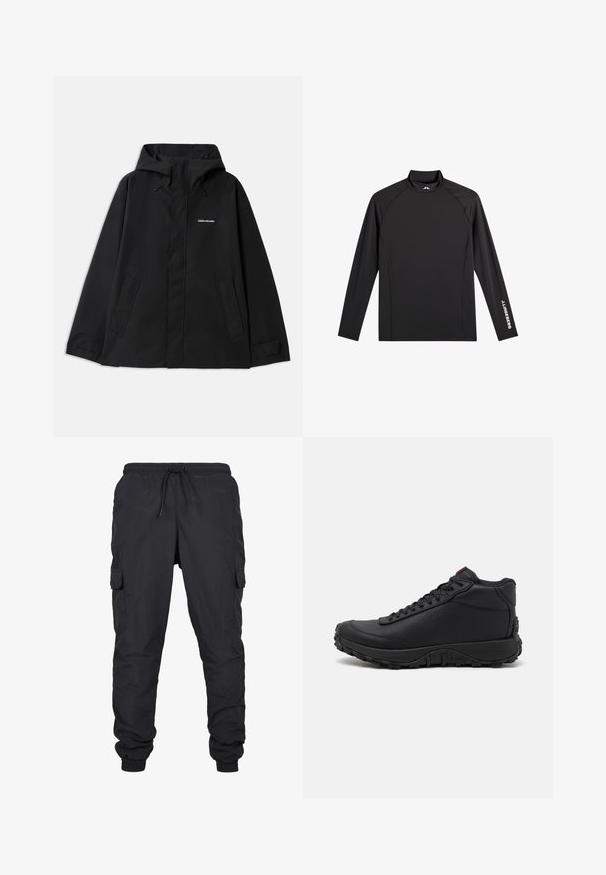 Chaqueta negra impermeable con capucha, mangas largas, cierre frontal con cremallera y dos bolsillos laterales. Textura suave con un diseño minimalista.; Camiseta negra deportiva de manga larga con cuello alto falso, corte ajustado y logo blanco "J.Lindeberg" en la manga izquierda y el cuello.; Pantalones cargo negros con cintura elástica y cordón, con bolsillos laterales y dobladillos ajustados. Hechos de un tejido ligero y duradero.; Zapatillas altas negras hechas de cuero texturizado, con suela de goma gruesa con patrones de tracción y diseño de cordones. Acabado en rojo en la lengüeta.