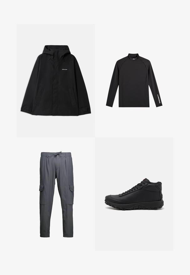 Zwarte waterdichte jas met een capuchon, lange mouwen, rits aan de voorkant en twee zijzakken. Made van een gladde stof met een minimalistisch ontwerp.; Zwart sporttopje met lange mouwen, opstaande kraag, slim fit en witte "J.Lindeberg"-logo op linkerarm en kraag.; Donkere grijze cargobroek met steekzakken aan de zijkant, riemlussen en een koordsluiting aan de voorkant.; Zwarte high-top sneakers van gestructureerd leer, voorzien van een dikke rubberen zool met grippatronen en een vetersluiting. Rode accenten op de tong.