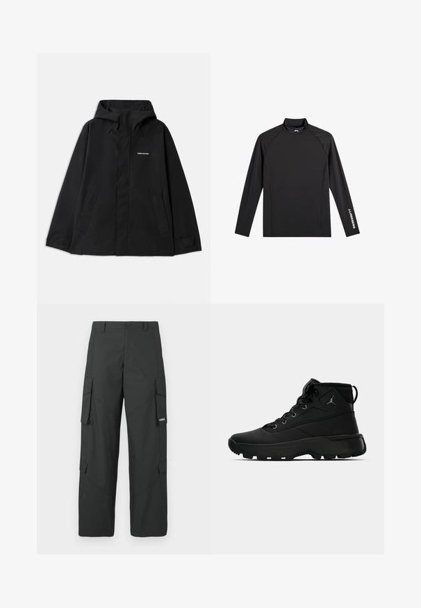 Chaqueta negra impermeable con capucha, mangas largas, cierre frontal con cremallera y dos bolsillos laterales. Textura suave con un diseño minimalista.; Camiseta negra deportiva de manga larga con cuello alto falso, corte ajustado y logo blanco "J.Lindeberg" en la manga izquierda y el cuello.; Pantalones cargo rectos negros con bolsillos laterales con solapa, cierre de botón, trabillas para cinturón y pequeño logo blanco en la solapa del bolsillo derecho.; Zapatillas deportivas negras de caña alta con un upper sintético texturizado, featuring ojales de metal, cordones negros y una suela de goma con patrones de tracción.