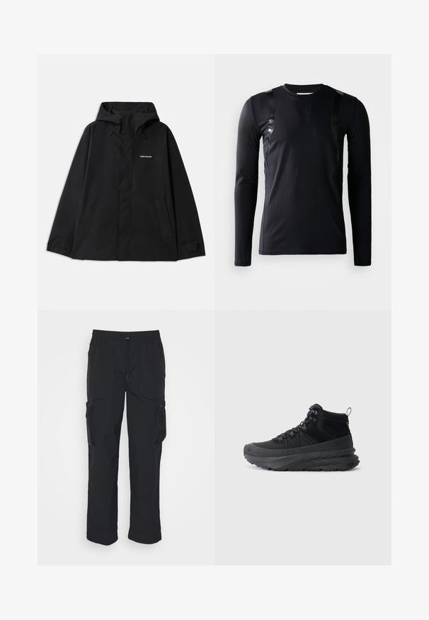 Veste noire imperméable avec capuche, manches longues, fermeture éclair avant et deux poches latérales. Texture lisse avec un design minimaliste.; T-shirt de sport à manches longues noir en tissu lisse et extensible. Présente des accents noirs brillants sur les épaules et un logo Adidas sur la poitrine.; Pantalons cargo noirs en tissu tissé. Dotés d'une taille réglable, de poches latérales et de deux poches utilitaires avec zips.; Sneaker montante noire en tissu texturé avec une semelle en caoutchouc, présentant un système de laçage, un col rembourré et une languette à l'arrière.