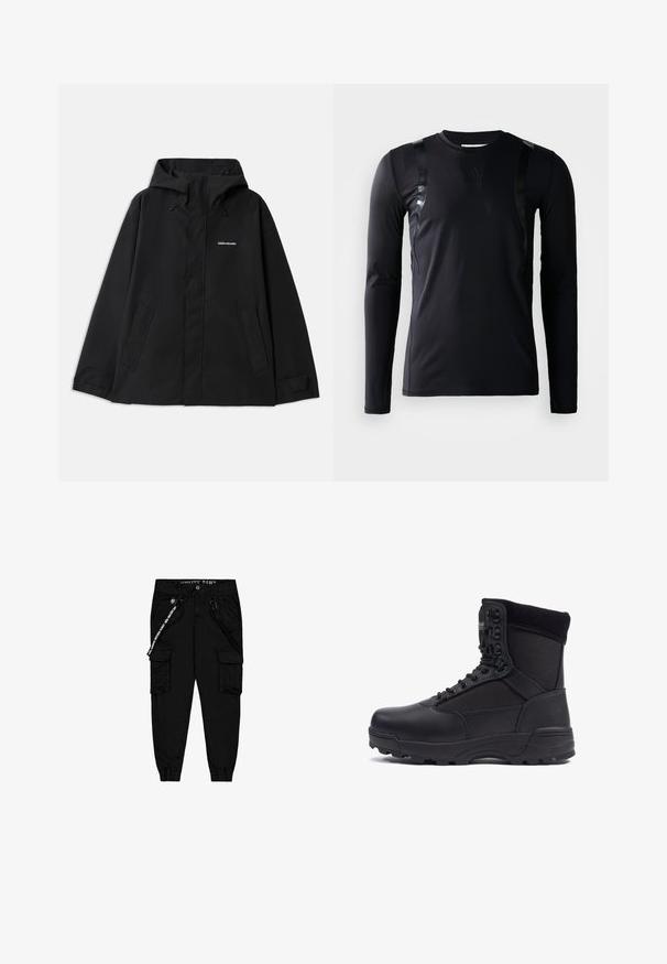 Veste noire imperméable avec capuche, manches longues, fermeture éclair avant et deux poches latérales. Texture lisse avec un design minimaliste.; T-shirt de sport à manches longues noir en tissu lisse et extensible. Présente des accents noirs brillants sur les épaules et un logo Adidas sur la poitrine.; Pantalons cargo noirs en tissu léger, dotés de deux poches latérales, d'une taille élastique et de poignets ajustables.; Botte tactique noire avec une tige en cuir lisse et des panneaux en tissu, design montante, fermeture à lacets à l'avant et semelle en caoutchouc robuste.