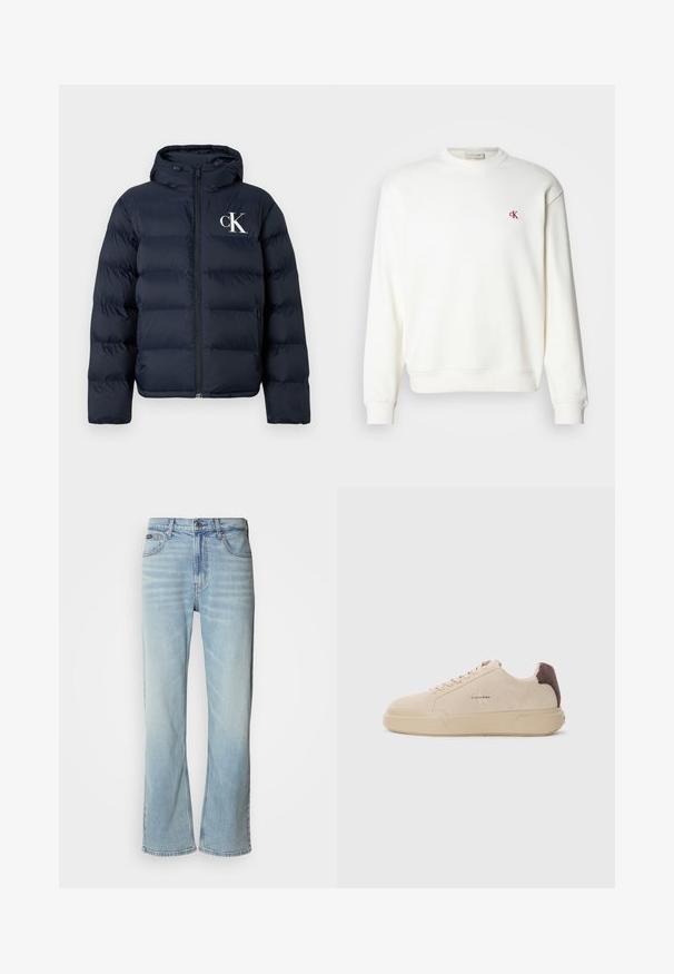 Marineblauwe pufferjack met capuchon, ritssluiting aan de voorkant, zijzakken en wit "cK" logo op de linkerkant van de borst.; Witte crewneck sweatshirt van katoen, met een klein rood "ck" logo op de borst, ribbelboorden en een ribbelzoom. Eenvoudige, gladde textuur.; Lichtblauwe denim jeans met een rechte pijp, voorzien van vijf zakken, een knoopsluiting en subtiele vervaging op de stof.; Beige suède sneakers met een ronde neus, vetersluiting aan de voorkant en een bruine suède accent op de hiel. Beschikt over een gestructureerde rubberen zool.
