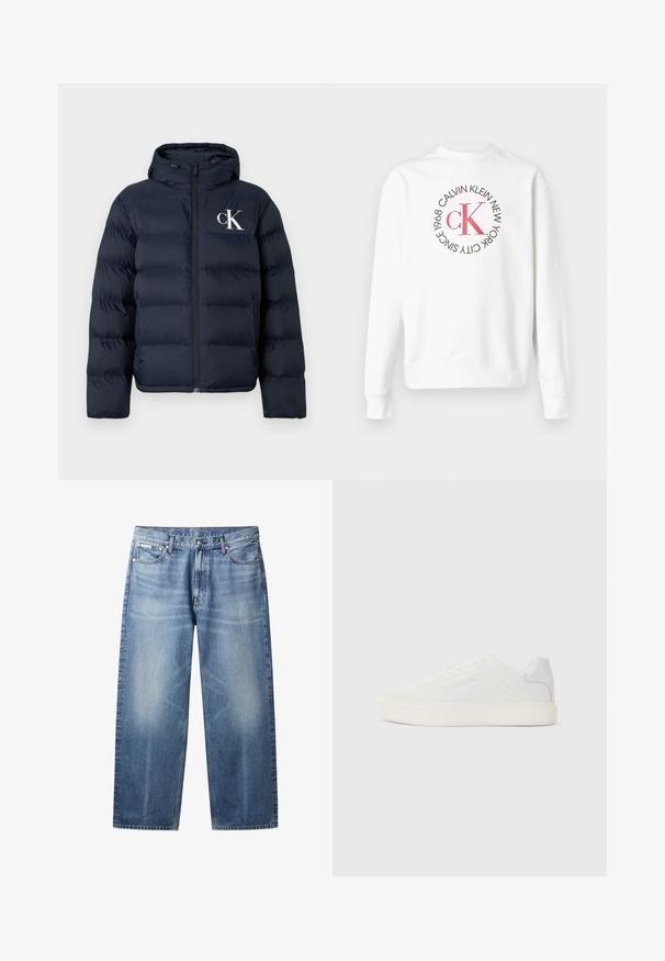 Mørkeblå dunjakke med hætte, frontlynlås, sidelommer og hvid "cK" logo på venstre bryst.; Hvid langærmet sweatshirt med rund hals og rødt CK-logo omgivet af sort tekst, der lyder "Calvin Klein New York City Since 1968" på forsiden.; Lyseblå jeans med lige ben, falmede områder, fem lommer, knaplukning og Calvin Klein-mærke på højre forlommer.; Hvid sneaker med glat syntetisk overdel, rund tå og flad hvid sål. Har tonale syninger og minimal branding på siden.