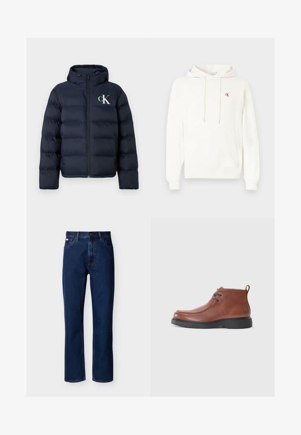 Marineblauwe pufferjack met capuchon, ritssluiting aan de voorkant, zijzakken en wit "cK" logo op de linkerkant van de borst.; Witte hoodie van katoenmix, met een kangaroezak, capuchon met trekkoord en een klein rood CK-logo op de borst.; Donkerblauwe jeans met rechte pijpen van denim, met een klassiek ontwerp van vijf zakken, subtiele stiksels en een knoopsluiting aan de voorkant.; Bruine leren enkelboots met een ronde neus, vetersluiting en een zwarte rubberen zool. Opvallend logo op de hak en stikselaccenten.