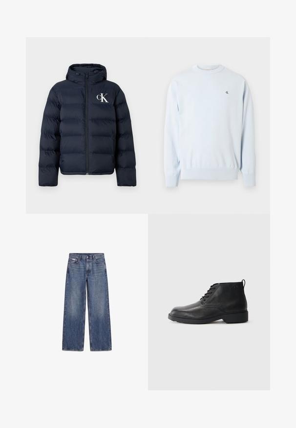 Chaqueta acolchada azul marino con capucha, cierre frontal, bolsillos laterales y logo blanco "cK" en el lado izquierdo del pecho.; Suéter azul claro de manga larga con cuello redondo, puños y dobladillo acanalados, con un pequeño logo negro "CK" en el pecho izquierdo.; Vaqueros de mezclilla azul de corte recto, con bolsillos delanteros, trabillas para cinturón y cierre de botones, colocados planos sobre un fondo blanco.; Botas de cuero negro con acabado texturizado, puntera redonda, cordones en la parte frontal y suela de goma resistente. Presenta una pequeña lengüeta en la parte trasera.