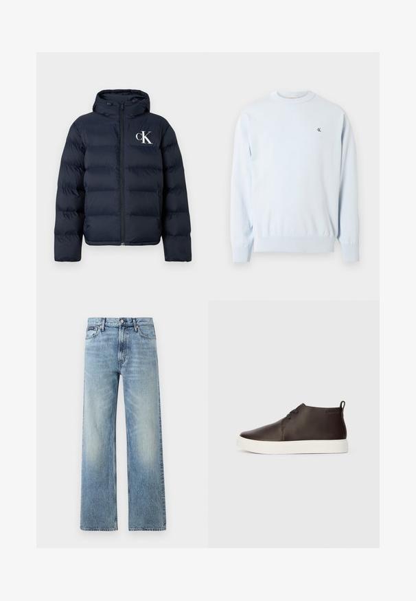 Marineblauwe pufferjack met capuchon, ritssluiting aan de voorkant, zijzakken en wit "cK" logo op de linkerkant van de borst.; Lichtblauwe trui met lange mouwen en ronde hals, met geribbelde manchetten en zoom, met een klein zwart "CK"-logo op de linkerborst.; Lichtblauwe denim jeans met rechte pijpen, een hoge taille, vijf zakken, knoopsluiting en subtiele vervaging op de dijen en knieën.; Bruine leren enkellaarsjes met een witte rubberen zool, ronde neus, twee oogjes voor veters en een achterste lus met het merklogo.