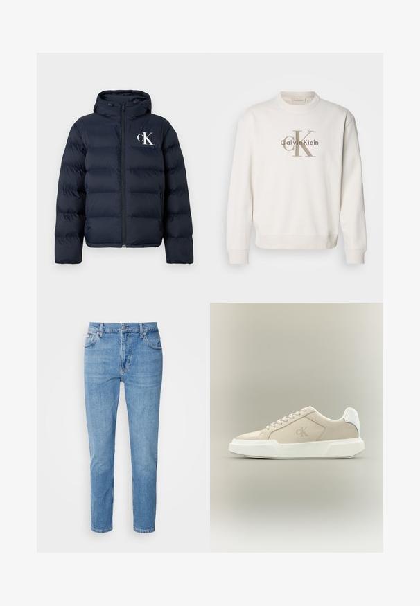 Chaqueta acolchada azul marino con capucha, cierre frontal, bolsillos laterales y logo blanco "cK" en el lado izquierdo del pecho.; Sudadera blanca de cuello redondo hecha de un tejido suave, con un gran logo beige de Calvin Klein en la parte frontal, y puños y dobladillo acanalados.; Vaqueros de mezclilla azul claro con corte recto, diseño de cinco bolsillos y un sutil desgastado. Presentan un cierre de botón y pasadores para cinturón.; Zapatilla beige de corte bajo con suela blanca gruesa, cordones, lengüeta blanca en el talón y logo sutil de CK en el panel lateral.