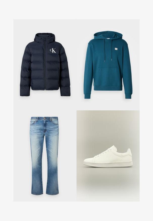 Marineblauwe pufferjack met capuchon, ritssluiting aan de voorkant, zijzakken en wit "cK" logo op de linkerkant van de borst.; Teal hoodie gemaakt van zacht materiaal, met een voorzak en een klein logo op de borst. Koorden bevestigd aan de capuchon.; Blauwe versleten rechte jeans voor heren met knoopsluiting en ontwerp met vijf zakken op witte achtergrond.; Minimalistische witte laag uitgesneden sneaker met veters, gladleren bovenwerk en een gestructureerde rubberen zool, weergegeven op een neutrale achtergrond.