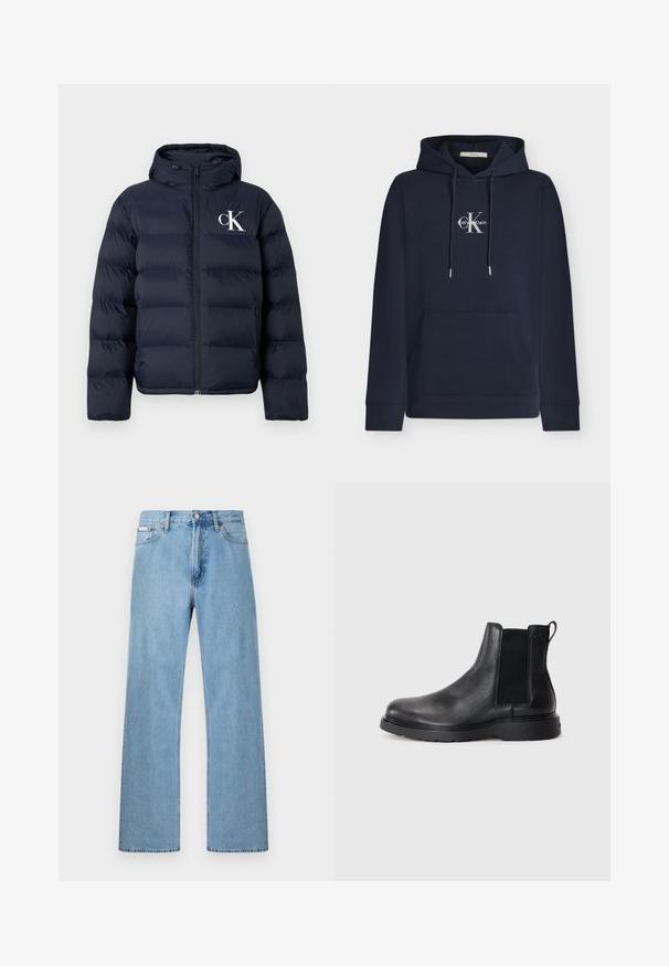 Marineblaue Steppjacke mit Kapuze, Frontreißverschluss, seitlichen Taschen und weißem "cK"-Logo auf der linken Brust.; Marineblauer Kapuzenpullover mit Fronttasche und weißem Calvin Klein-Logo, mittig auf der Brust.; Hellblaue gerade geschnittene Jeans im Five-Pocket-Design mit Knopfverschluss an der Taille, präsentiert vor einem schlichten Hintergrund.; Schwarze Leder-Chelsea-Boots mit strukturiertem Finish, elastischen seitlichen Einsätzen und einer robusten Gummisohle. Dezentes Branding an der Ferse.