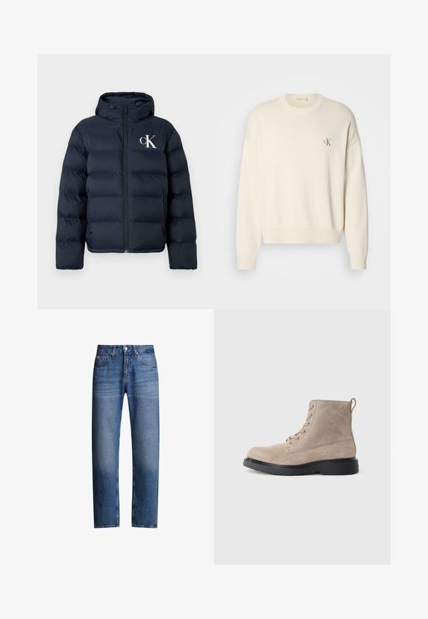 Mørkeblå dunjakke med hætte, frontlynlås, sidelommer og hvid "cK" logo på venstre bryst.; Kremfarvet strikket sweater med ribbet tekstur, rund halsudskæring og drop-skuldrer. Har et lille brunt broderet logo på brystet.; Blå denimjeans med lige pasform, fem lommer og lynlås. Har en let falmet effekt og syninger langs sømmene.; Beige ruskindsankelstøvler med sort gummisål, snørelukning og et lille logo præget på siden, med en løftestrop bagpå.