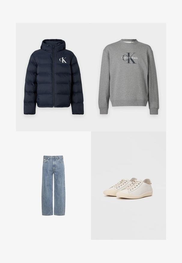 Chaqueta acolchada azul marino con capucha, cierre frontal, bolsillos laterales y logo blanco "cK" en el lado izquierdo del pecho.; Sudadera gris con cuello redondo y puños acanalados, con un logo impreso, "Calvin Klein", en colores contrastantes en el frente.; Vaqueros azul claro de pierna recta con cierre delantero de botón y cremallera, presillas para cinturón y diseño de cinco bolsillos.; Zapatillas blancas de cuero liso con costuras al tono, cierre de cordones, puntera redondeada y suela de goma texturizada.
