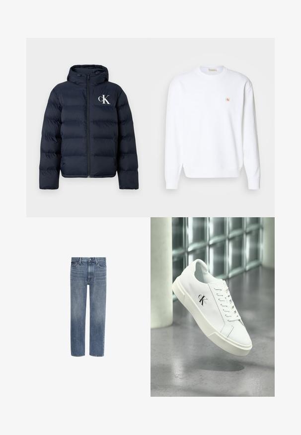 Marineblauwe pufferjack met capuchon, ritssluiting aan de voorkant, zijzakken en wit "cK" logo op de linkerkant van de borst.; Witte sweatshirt met lange mouwen, ronde hals en geribde manchetten. Heeft een klein logo in rood en beige op de linkerkant van de borst. Smooth textuur.; Blauwe spijkerbroek met rechte pijpen, voorzakken, riemlussen en een knoopsluiting.; Witte Calvin Klein sneaker met veters, zwevend getoond boven een gepolijste betonnen vloer en een achtergrond van glasblokken.
