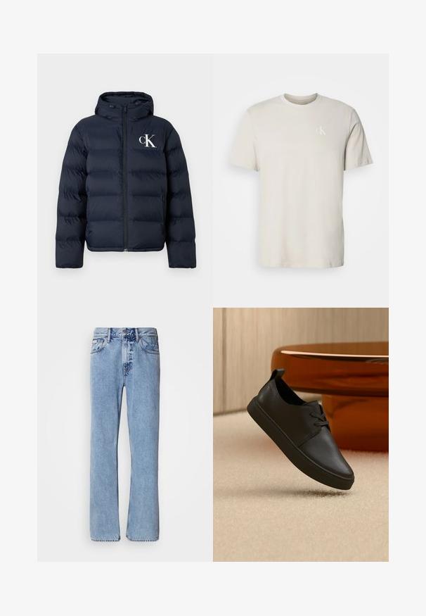 Mørkeblå dunjakke med hætte, frontlynlås, sidelommer og hvid "cK" logo på venstre bryst.; Beige kortærmet T-shirt i bomuld med rund hals og lille hvidt "cK"-logo på venstre bryst.; Lyseblå denimjeans med lige ben design, fem lommer og knaplukning. Syninger nær lommer og talje.; Sort lædersneaker til hverdag med snørebånd, svævende over beige tæppe med et rundt bord af ravfarvet glas i baggrunden.