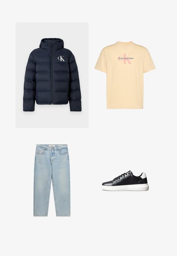 Marineblauwe pufferjack met capuchon, ritssluiting aan de voorkant, zijzakken en wit "cK" logo op de linkerkant van de borst.; Beige T-shirt met korte mouwen en roze en zwart Calvin Klein-logo gedrukt in het midden voorop.; Lichtblauwe jeans met een losse pasvorm, voorste knoop en rits, vijfzakkenontwerp en vervaagde wasdetails.; Zwarte leren sneakers met een gladde textuur, witte rubberen zool, vetersluiting en een contrasterend wit hielaccent.