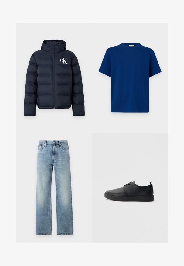 Mørkeblå dunjakke med hætte, frontlynlås, sidelommer og hvid "cK" logo på venstre bryst.; Ensfarvet blå T-shirt med korte ærmer, rund hals og et diskret lille logotekst centralt på brystet mod en ensfarvet baggrund.; Lyseblå denim jeans med lige ben, højt talje, fem lommer, knaplukning og diskrete falmede områder på lår og knæ.; Sorte lædersneakers med en glat finish, rund tå, tonalt syning, snøring foran og en flad gummisål. Løkke ved hælen.