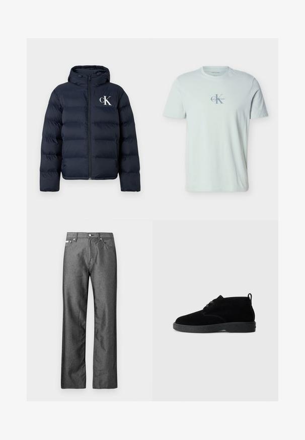 Marineblauwe pufferjack met capuchon, ritssluiting aan de voorkant, zijzakken en wit "cK" logo op de linkerkant van de borst.; Lichtblauw T-shirt met korte mouwen en een ronde hals, met een vage Calvin Klein-logo in lichtgrijs in het midden van de borst.; Grijze spijkerbroek van denim met een rechte pijp, vijf zakken en metalen knopen en klinknagels als accenten. Heeft een subtiele textuur.; Zwarte suede enkellaarsjes met een ronde neus, vetersluiting, zwarte rubberen zool en een aantreklip aan de achterkant voor gemakkelijk aan- en uittrekken.
