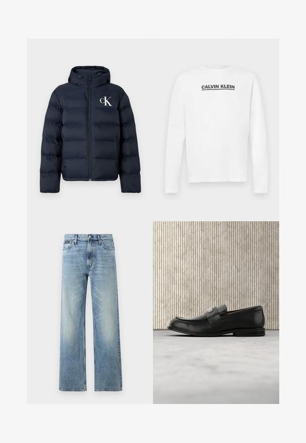 Doudoune bleu marine avec capuche, fermeture éclair à l'avant, poches latérales et logo "cK" blanc sur le côté gauche de la poitrine.; Chemise blanche à manches longues en coton, arborant un logo noir "CALVIN KLEIN" sur la poitrine et un col rond. Texture lisse.; Jean droit en denim bleu clair avec taille haute, cinq poches, fermeture à boutons et léger délavage sur les cuisses et les genoux.; Mocassin en cuir noir avec une plaque de marque en métal reposant près d'une table ronde marron sur un sol recouvert de moquette beige.