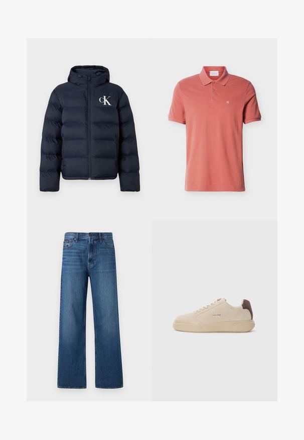 Marineblauwe pufferjack met capuchon, ritssluiting aan de voorkant, zijzakken en wit "cK" logo op de linkerkant van de borst.; Heren polo met korte mouwen in stoffige rozenkleur, voorzien van twee knopen en een klein wit "cK" logo op de linkerborst.; Blauwe high-waisted jeans met rechte pijpen, voorzien van een knoop- en ritssluiting aan de voorkant, vijf zakken en een klein merklabel op de rechterzak.; Beige suède sneakers met een ronde neus, vetersluiting aan de voorkant en een bruine suède accent op de hiel. Beschikt over een gestructureerde rubberen zool.