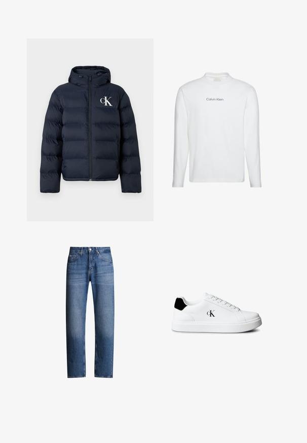 Mørkeblå dunjakke med hætte, frontlynlås, sidelommer og hvid "cK" logo på venstre bryst.; Hvid langærmet rundhalset skjorte med "Calvin Klein" trykt i sort centreret på brystet.; Blå denimjeans med lige pasform, fem lommer og lynlås. Har en let falmet effekt og syninger langs sømmene.; Hvid lavt snøresko med sort hælkappe og "cK"-logo på siden, med hvide snørebånd og tyk hvid sål.