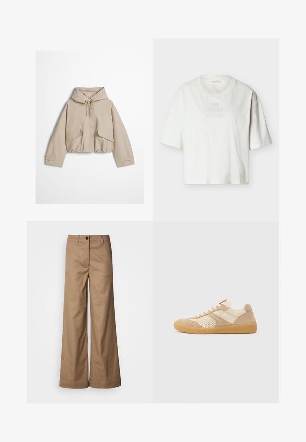 Veste à capuche beige clair avec fermeture éclair frontale, capuche à cordon de serrage, poches à rabat et poignets en velcro, présentée sur un fond uni.; T-shirt blanc à manches courtes et coupe courte avec col rond et le texte « THE FUTURE IS OURS. » imprimé légèrement sur la poitrine.; Pantalons à jambes larges en tissu lisse et beige. Dotés d'une fermeture à bouton sur le devant, de passants de ceinture et de poches latérales. Lignes épurées sans motifs visibles.; Baskets basses beige et crème avec des panneaux en maille et en suède, des lacets blancs et une semelle en caoutchouc gomme, vues de côté sur un fond uni.