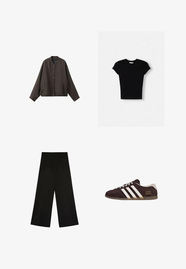 Veste boutonnée marron foncé à manches longues, col rond, avec deux poches avant, présentée sur fond blanc.; T-shirt noir à manches courtes en coton. Design ajusté, col rond et texture lisse. Aucun motif ni élément supplémentaire visible.; Pantalon noir à jambes larges avec fermeture par bouton et zip, passants de ceinture et plis d’avant, posé à plat sur fond blanc.; Baskets en suède marron avec trois bandes blanches, semelle en caoutchouc, et étiquette avec le texte "Gazelle" en or. Fermeture à lacets avec lacets gris.