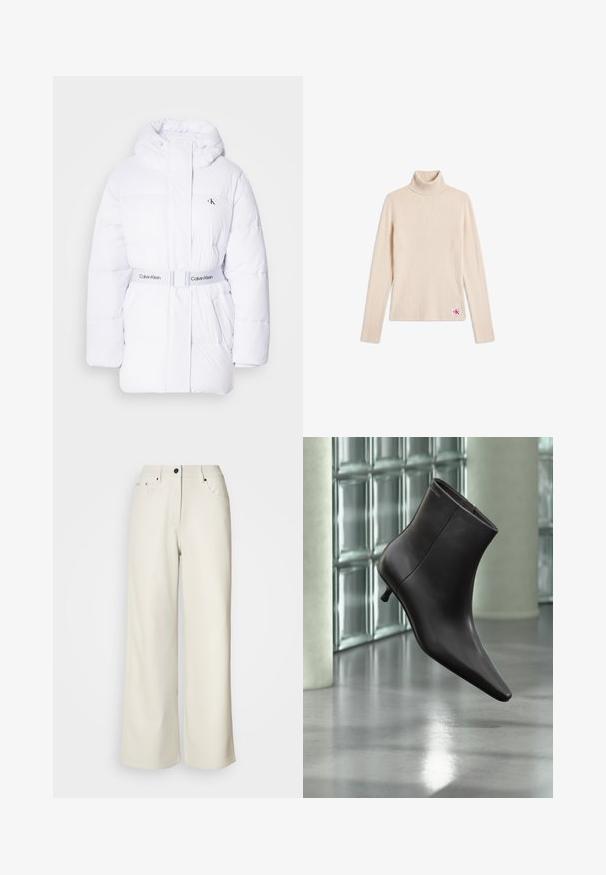Chaqueta acolchada blanca con capucha, cintura ceñida y logo de Calvin Klein. Presenta textura acolchada y dos bolsillos laterales.; Jersey beige de canalé con cuello alto y mangas largas, con un pequeño parche con logo cerca del bajo, sobre fondo blanco.; Pantalones de pierna ancha color crema, confeccionados en una tela suave. Cuentan con una cintura de altura media, cierre con cremallera y dos bolsillos delanteros con detalles en hardware negro.; Bota de cuero negro para el tobillo con puntera puntiaguda y tacón pequeño, exhibida frente a una pared de bloques de vidrio y un suelo pulido.
