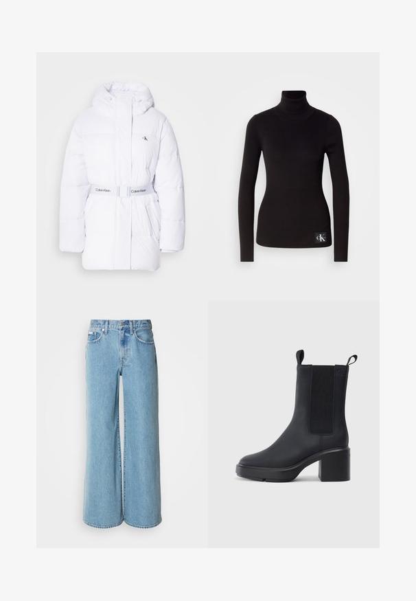 Valge puhvjakas koos kapuutsiga, vöökoht ja Calvin Kleini logo. Omab kooti tekstuuri ja kahte küljetaskut.; Must mustribal turtleneck-sweater pikemate varrukatega ja kitsas lõikega; peal on logoäkil laine vasakul all. ; Heledad sinised laiad teksad, mis on valmistatud denimist, kõrgendatud taljega, viie tasku disainiga ja kerge pleekimisega kangal.; Mustad musta värvi saabas sujuvast kummimaterjalist, elastsete külgpaneelidega, plokkninale ja tõmbetega ülaosas, et kergesti jalga panna.