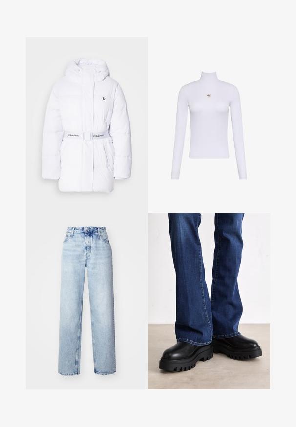Chaqueta acolchada blanca con capucha, cintura ceñida y logo de Calvin Klein. Presenta textura acolchada y dos bolsillos laterales.; Top blanco de manga larga con cuello vuelto y un pequeño parche con el logo de Calvin Klein centrado en el pecho.; Jeans de tiro alto color azul claro con un corte holgado, que cuentan con piernas rectas, cinco bolsillos y un cierre clásico de botones y cremallera.; Botas de plataforma negras gruesas con suelas de goma texturizada, punta redondeada y parte superior de cuero suave, combinadas con jeans de campana azules.