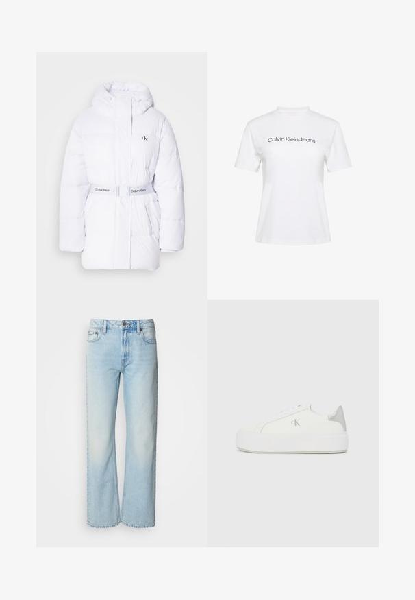 Chaqueta acolchada blanca con capucha, cintura ceñida y logo de Calvin Klein. Presenta textura acolchada y dos bolsillos laterales.; Camiseta blanca de algodón con cuello redondo y mangas cortas, con el texto "Calvin Klein Jeans" impreso en negro en el pecho.; Vaqueros de pierna ancha azul claro confeccionados en denim, con un diseño clásico de cinco bolsillos y una sutil textura deslavada. La costura del denim es visible.; Zapatillas de lona blancas con una suela blanca gruesa, presentan un acento metálico plateado en el talón y un sutil detalle del logo en el lateral.