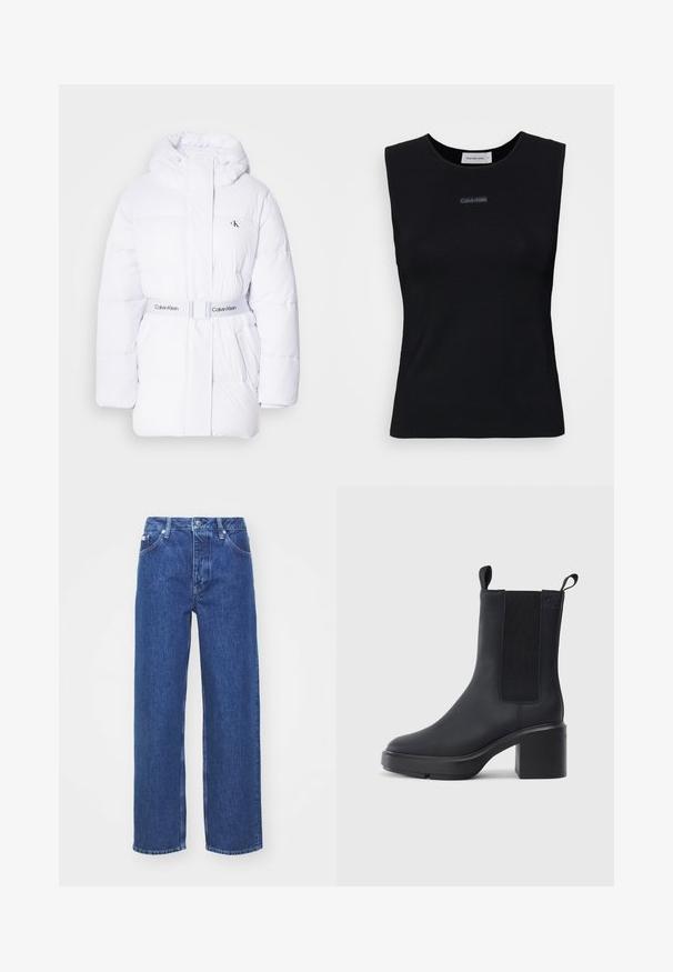 Chaqueta acolchada blanca con capucha, cintura ceñida y logo de Calvin Klein. Presenta textura acolchada y dos bolsillos laterales.; Top negro sin mangas de tejido suave. Presenta un cuello redondo y un pequeño logo de Calvin Klein en el centro. Diseño simple y ajustado.; Jeans de mezclilla azul de pierna ancha con una cintura alta, con cierre de cremallera y botón, presillas para el cinturón y un ligero desgaste en la tela.; Botín negro de tobillo hecho de un material de goma liso, con paneles laterales elásticos, tacón bloque y tiradores en la parte superior para facilitar su uso.