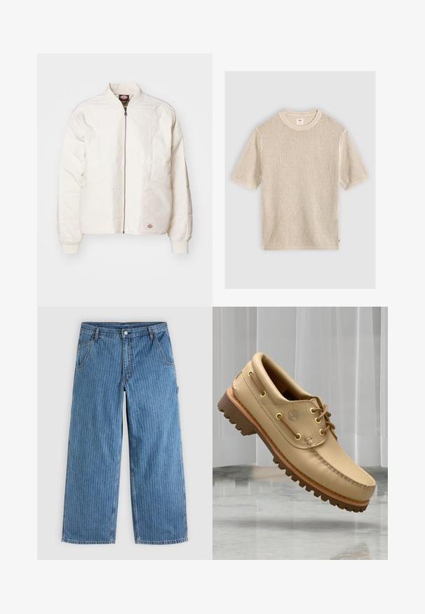 Veste bomber rembourrée en blanc cassé avec une fermeture éclair intégrale, un col montant, deux poches avant et des poignets côtelés. Dotée d'un design à panneaux cousus.; Pull en maille beige à manches courtes avec un col rond et un motif en maille ajourée texturé, posé à plat sur un fond clair.; Jean bleu à jambes larges avec fines rayures verticales blanches, poches avant, passants pour ceinture et fermeture par bouton à la taille.; Chaussure bateau en cuir marron clair avec semelle épaisse et striée et détails de lacets, flottant au-dessus d'un sol en marbre et d'un fond de stores verticaux blancs.