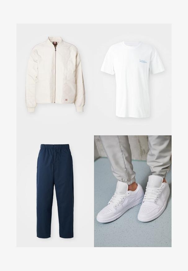 Gevoerde bomberjack in off-white met een volledige rits, staande kraag, twee voorzakken en geribbelde manchetten. Heeft een gestikt paneelontwerp.; Witte katoenen T-shirt met korte mouwen. Heeft een lichtblauw geprint "LEE" logo op de linkerborst. Ronde hals, standaard pasvorm.; Navy blauwe broek van soepel materiaal, met een elastische tailleband en een knoop, rechte pijpen en zonder zichtbare patronen of accessoires.; Witte leren sneakers met een geperforeerde neus, platte veters, een gepolsterde kraag en het Jordan-logo op de tong. Gediend met grijze joggers.