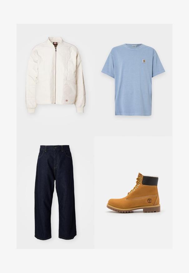 Veste bomber rembourrée en blanc cassé avec une fermeture éclair intégrale, un col montant, deux poches avant et des poignets côtelés. Dotée d'un design à panneaux cousus.; T-shirt en coton bleu clair à manches courtes, col rond, avec une petite étiquette logo carrée comportant une lettre « C » stylisée sur la poitrine.; Pantalons en denim bleu foncé avec une coupe décontractée, dotés d'un rabat à boutons, de passants de ceinture, et de coutures jaunes sur les poches et les coutures.; Bottine en cuir brun avec œillets en métal, doublure en fourrure blanche, col rembourré noir, semelle robuste et logo en relief sur le côté.