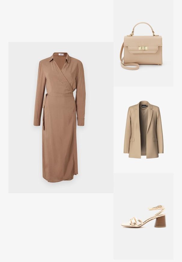 Blazer beige con solapas de pico y dos bolsillos frontales; confeccionado en tejido suave, tiene un cierre abierto y un corte entallado.; Largo vestido envolvente marrón hecho de una tela suave, con un cuello con solapa, mangas largas, una cintura ceñida con lazo y una abertura lateral para añadir diseño.; Sandalia dorada con tiras, tacón de bloque de madera y correa con hebilla en el tobillo sobre fondo claro liso.; Bolso estructurado beige hecho de material sintético texturizado, con asa superior, correa de hombro ajustable y herrajes en tono dorado.