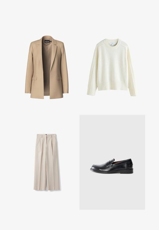 Blazer beige con solapas de pico y dos bolsillos frontales; confeccionado en tejido suave, tiene un cierre abierto y un corte entallado.; Next CREW NECK - Jersey de punto - ecru; Pantalones beige de pierna ancha con trabillas para cinturón, pliegues delanteros, bolsillos laterales y cierre frontal con botón y cremallera.; Mocasines de cuero negro con puntera redondeada, detalles de costura y un tacón bajo. Textura suave con un brillo sutil.