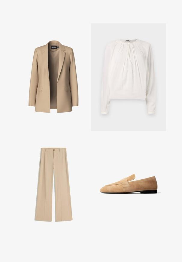 Beige blazer met notch-lapels en twee voorzakken; gemaakt van gladde stof, het heeft een open voorkant en een getailleerde pasvorm.; Witte blouse met lange mouwen, ronde hals en geplooide voorkant. Zacht, glad materiaal met een comfortabele pasvorm en knoopdetails bij de kraag.; Beige wijde broek met pinstripe patroon, knoopsluiting aan de voorkant en riemlussen. Glad van textuur met een getailleerde afwerking.; Lichtbruine suède loafer met een lage zwarte hak en een brede band over de bovenkant, weergegeven in zijaanzicht tegen een witte achtergrond.