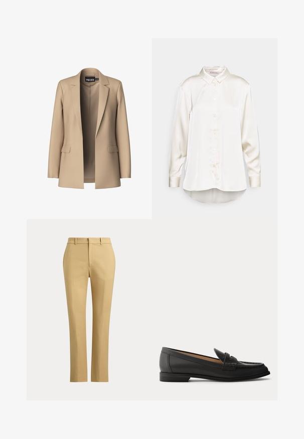 Beige blazer met notch-lapels en twee voorzakken; gemaakt van gladde stof, het heeft een open voorkant en een getailleerde pasvorm.; Anna Field by Zalando Overhemdblouse - beige; Beige rechte broek met riemlussen, een rits aan de voorkant en op maat gemaakte plooien op een effen lichte achtergrond.; Zwarte leren damesslof met lage hak, afgeronde neus en gestikte details op het bovenwerk, van opzij getoond tegen een effen achtergrond.