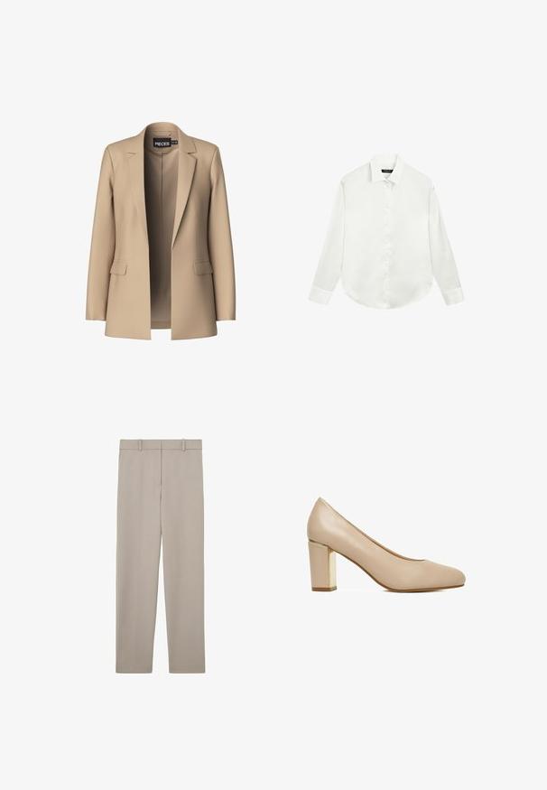 Beige Blazer mit Reverskragen und zwei Vordertaschen; aus glattem Stoff gefertigt, hat er eine offene Vorderseite und eine figurschmeichelnde Passform.; Weißes Hemd mit langen Ärmeln, Kragen und Manschetten, flach ausgebreitet mit zugeknöpften Knöpfen in der vorderen Mitte.; Beige gerade geschnittene Hose mit Gürtelschlaufen und einem sauberen, minimalistischen Design, flach auf weißem Hintergrund präsentiert.; Beige Leder-Pumps für Damen mit runder Spitze und Blockabsatz mit goldfarbenem Metallic-Akzent.