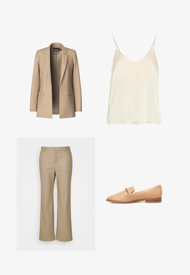 Blazer beige con solapas de pico y dos bolsillos frontales; confeccionado en tejido suave, tiene un cierre abierto y un corte entallado.; Top de camiseta sin mangas color crema con tirantes ajustables finos y escote en forma de V.; ONLY ONLIZARA CIGARETTE PANT - Pantalones - humus; Mocasines de cuero beige con punta afilada, que cuentan con un acento de cadena en el empeine y un tacón bajo apilado. Textura suave y diseño minimalista.