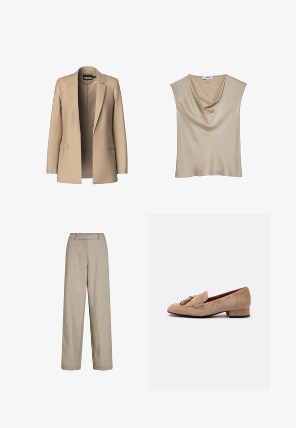 Beige blazer met notch-lapels en twee voorzakken; gemaakt van gladde stof, het heeft een open voorkant en een getailleerde pasvorm.; Beige satijnen mouwloze blouse met watervalhalslijn, gelabeld "REISS", getoond tegen een witte achtergrond.; Beige broek met hoge taille en wijde pijpen, met riemlussen en een verborgen voorbies, gemaakt van lichtgewicht stof.; Beige suède loafer met lage hak en kwastdecoratie aan de voorkant en een afgeronde neus, getoond vanaf de zijkant op een witte achtergrond.
