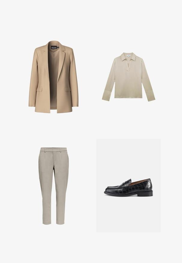 Beige blazer met notch-lapels en twee voorzakken; gemaakt van gladde stof, het heeft een open voorkant en een getailleerde pasvorm.; Beige blouse met lange mouwen, V-halskraag en knoopmanchetten, weergegeven op een witte achtergrond.; Lichtgrijze slim-fit broek met riemlussen, zijzakken en een rechte pijp, afgebeeld tegen een witte achtergrond.; Zwarte loafers van leer met krokodillenprint, voorzien van een afgeronde neus, instapmodel en een lage, stevige hak. Soepele textuur en subtiele glans.