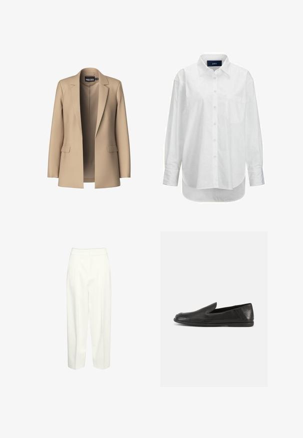 Blazer beige avec revers crantés et deux poches avant ; fabriqué en tissu doux, il a une ouverture à l'avant et une coupe ajustée.; Chemise blanche à manches longues en coton doux avec un col boutonné, une poche à l'avant et un ourlet arrondi. Présente un empiècement au dos pour plus de structure.; Pantalon blanc taille haute, jambe droite, avec plis devant et ceinture dissimulée, présenté sur un fond uni.; Chaussures en cuir noir à enfiler, avec une finition lisse, un bout arrondi et un design minimaliste. Elles possèdent une semelle basse en caoutchouc flexible.