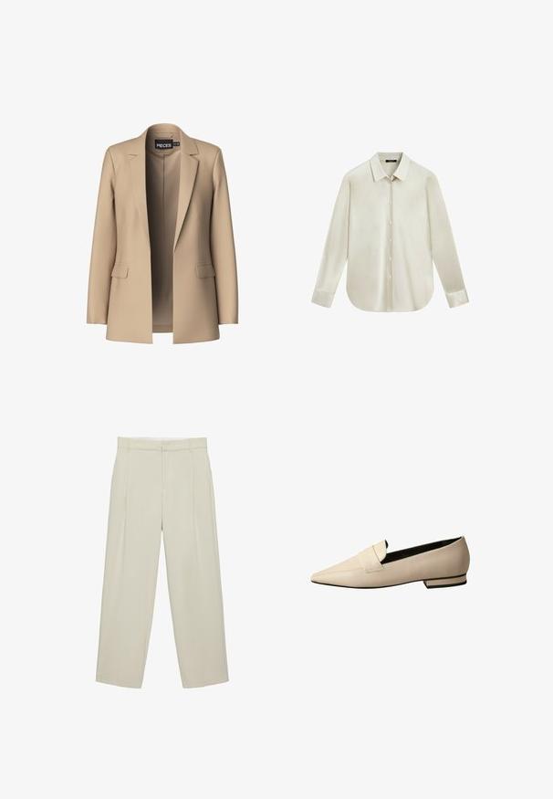 Beige blazer met notch-lapels en twee voorzakken; gemaakt van gladde stof, het heeft een open voorkant en een getailleerde pasvorm.; Crèmekleurig overhemd met lange mouwen, knoopsluiting, spitse kraag en afgeronde zoom, getoond tegen een witte achtergrond.; Beige hoog getailleerde, op maat gemaakte broek met zijzakken, riemlussen en een voorritssluiting, met rechte pijpen.; Beige leren loafers met een spitse neus, voorzien van een brede band over de wreef en een lage gestapelde hak met een zwarte accent.