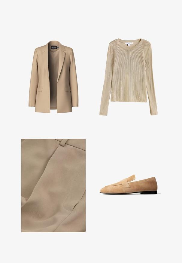 Blazer beige avec revers crantés et deux poches avant ; fabriqué en tissu doux, il a une ouverture à l'avant et une coupe ajustée.; Pull en maille beige côtelée à manches longues avec col rond et coupe près du corps, présenté à plat avec étiquette visible au niveau du col.; Reiss PETITE FIT - EDEN ELASTICATED WAIST WIDE - Pantalon classique - mink neutral; Mocassin en daim marron clair avec un petit talon noir et une large lanière sur le dessus, présenté de profil sur fond blanc.