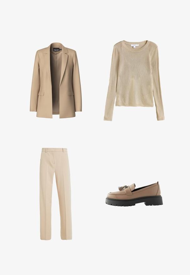 Blazer beige con solapas de pico y dos bolsillos frontales; confeccionado en tejido suave, tiene un cierre abierto y un corte entallado.; Jersey beige de punto con canalé, manga larga, cuello redondo y corte ajustado, mostrado plano con etiqueta visible en el cuello.; Pantalones beige ajustados, elaborados en una tela suave, con corte recto, bolsillos laterales y pliegues en la parte delantera.; Mocasines de cuero beige con un acento de borlas, que cuentan con una suela de plataforma negra gruesa y una superficie texturizada, diseñados para comodidad y estabilidad.