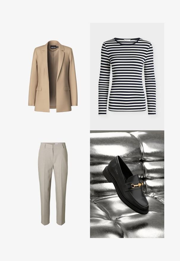 Blazer beige con solapas de pico y dos bolsillos frontales; confeccionado en tejido suave, tiene un cierre abierto y un corte entallado.; Camisa de manga larga con rayas horizontales en azul marino y blanco y cuello redondo, con la marca GANT en el puño de la manga.; Pantalones beige hechos a medida con trabillas para el cinturón, cierre delantero con cremallera y pliegues prensados en las piernas, mostrados sobre un fondo blanco.; Mocasín de cuero negro con un detalle de herrajes en tono dorado. El zapato presenta un diseño elegante y una textura suave y brillante.