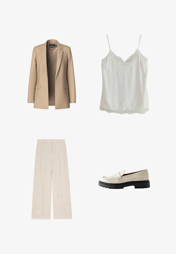 Blazer beige con solapas de pico y dos bolsillos frontales; confeccionado en tejido suave, tiene un cierre abierto y un corte entallado.; Camisola sin mangas blanca con tirantes finos y adorno de encaje en el escote y el dobladillo, hecha de tela suave.; Pantalones beige de pierna ancha con trabillas y pinzas delanteras, mostrados extendidos sobre un fondo blanco.; Mocasines de charol beige con punta redonda, suela de goma negra gruesa y un acento cosido en la parte frontal.